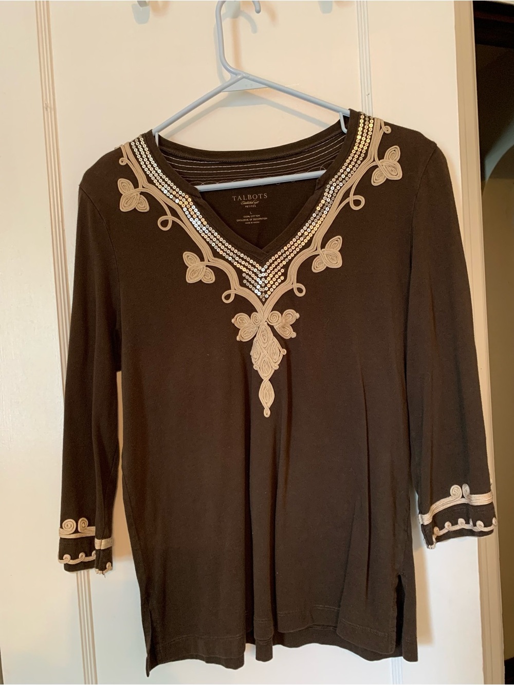 Talbots Brown Embellished V-Neck Top with Cream Trim